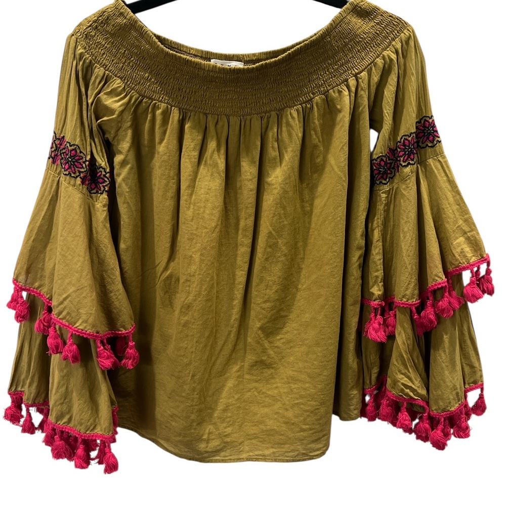 THML Olive Green Boho Top with Pink Accents Size S